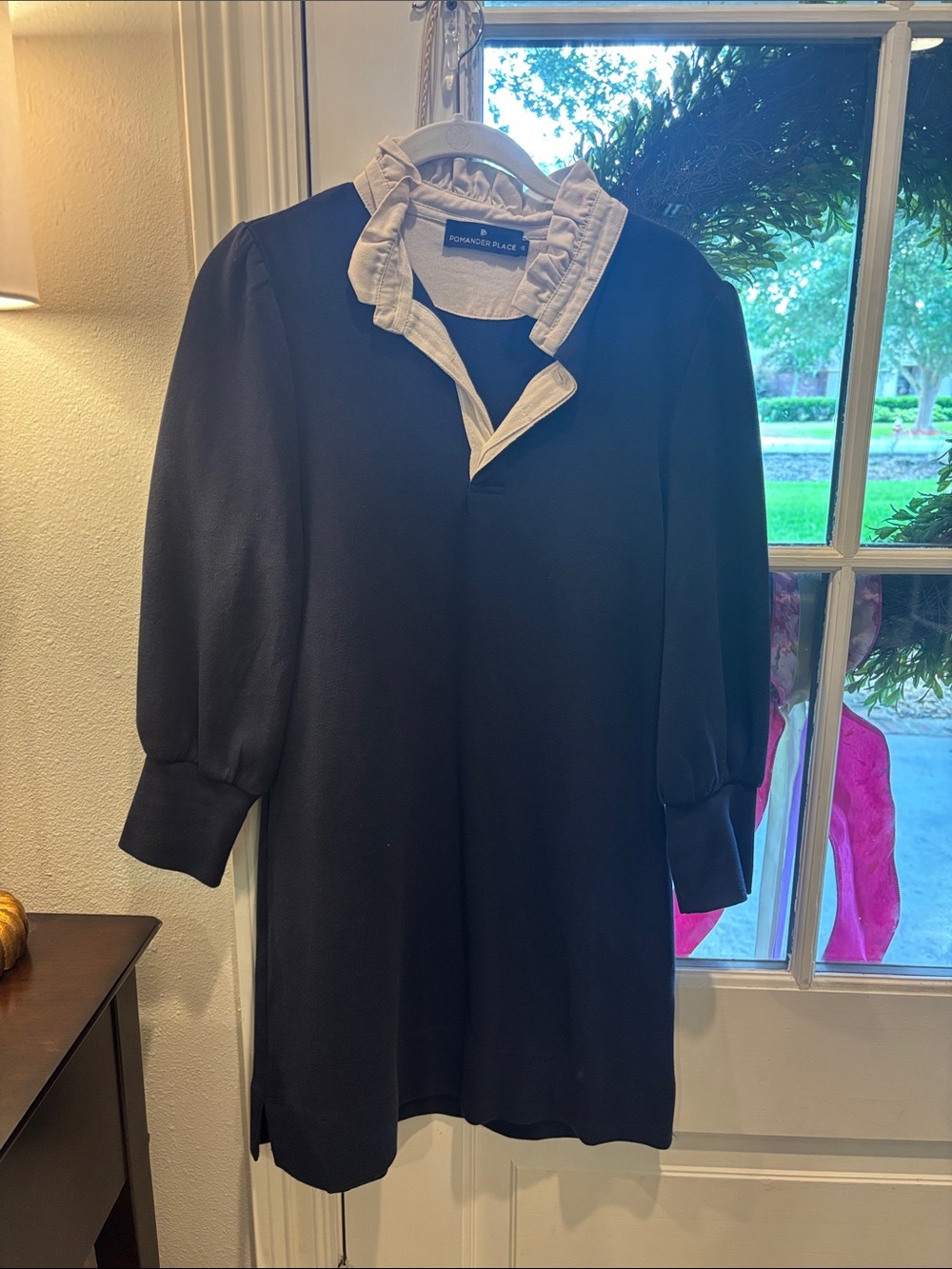 Pomander Place Black Dress with Cream Ruffle Collar